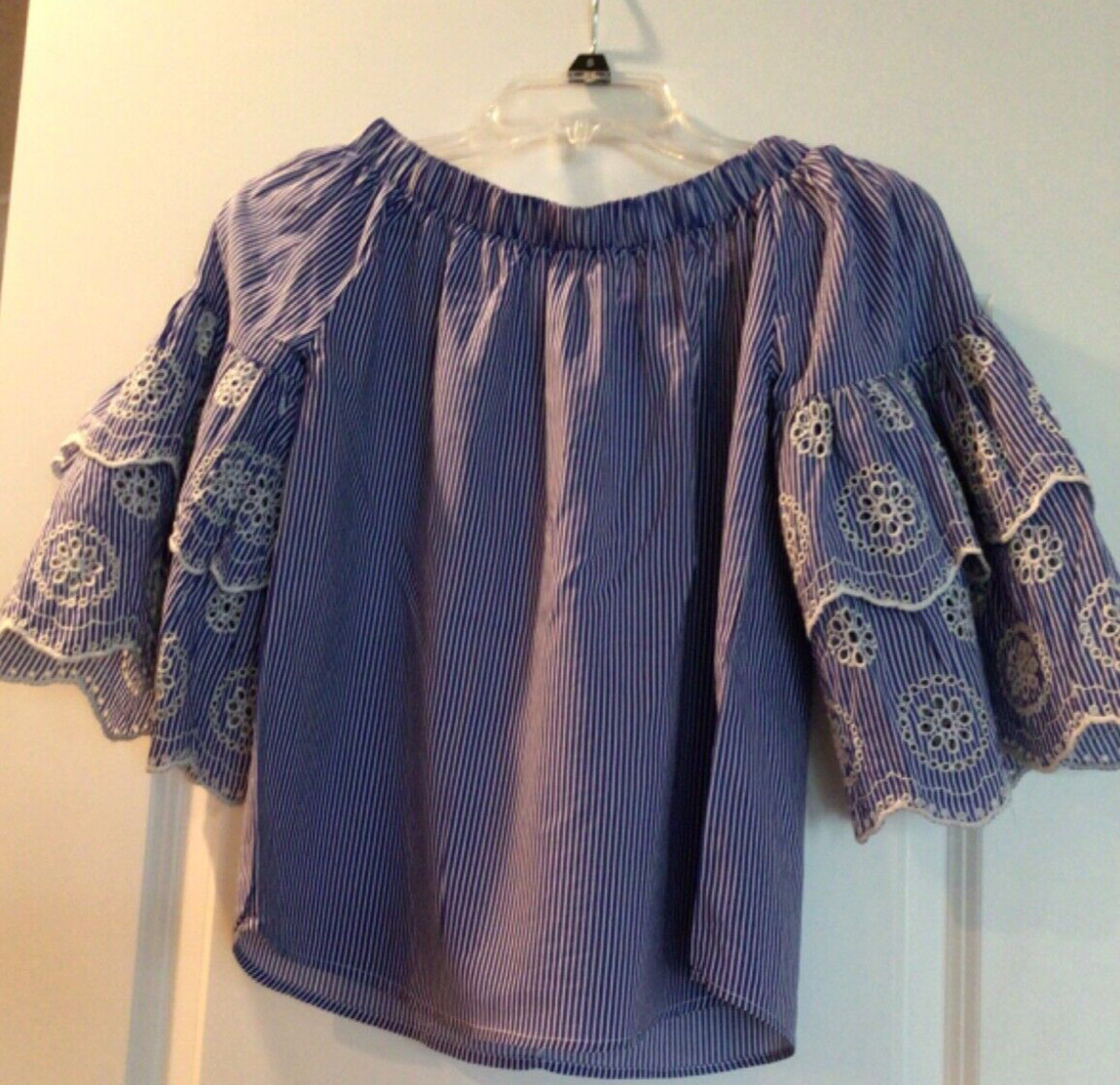 Rebellion Shirt Women Sm Embroidered Bell Sleeve Off the Shoulder Blouse Blue/wh