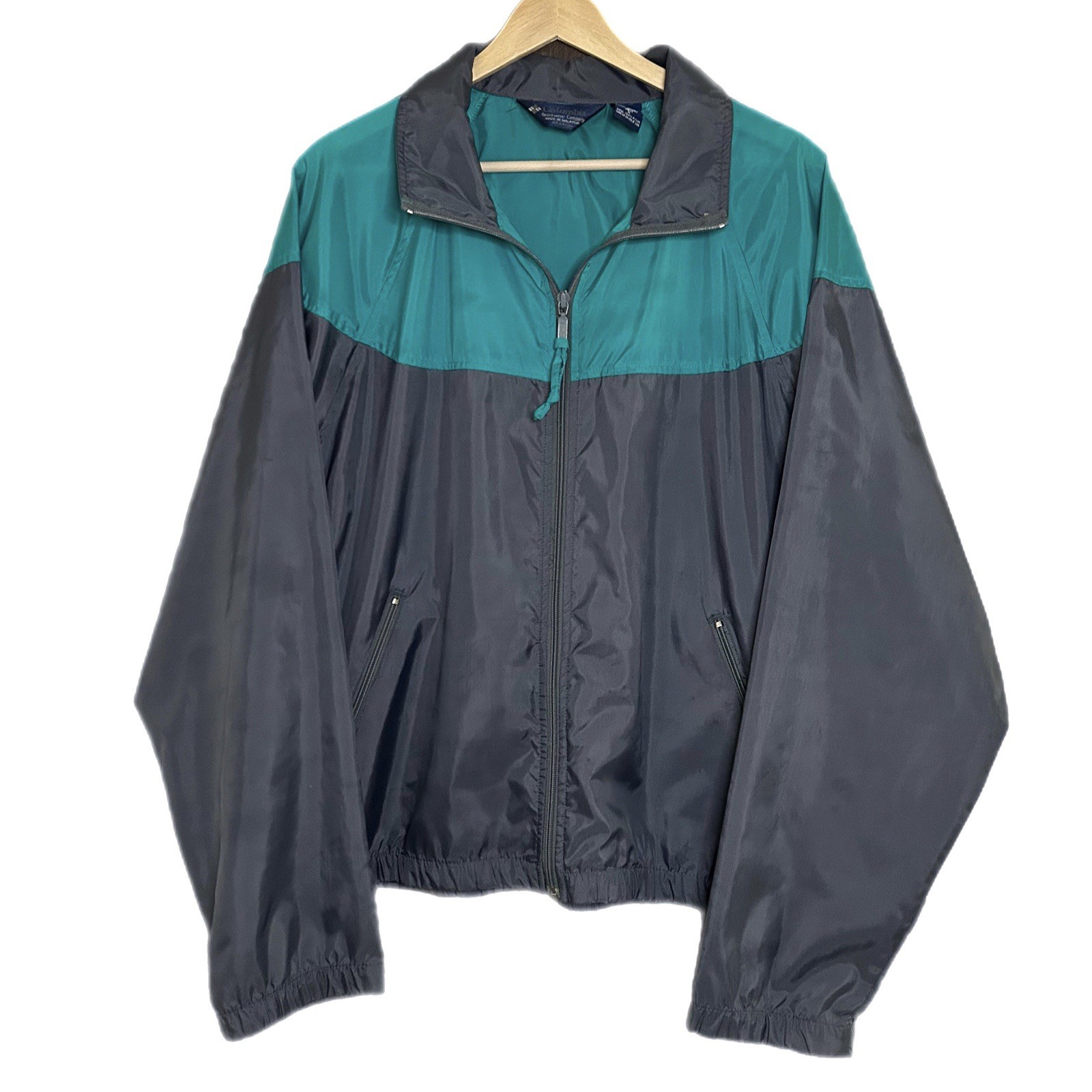 Vintage 80s Columbia Color Block Windbreaker Jacket Mens Medium Nylon Teal Grey