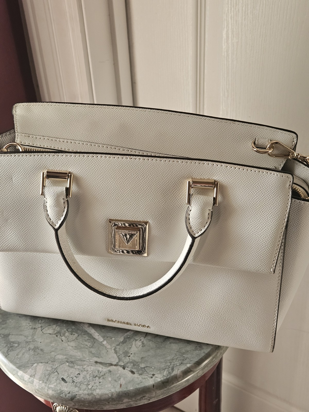 Michael Kors Medium White Pebbled Satchel Top Handle Zip Detachable Strap