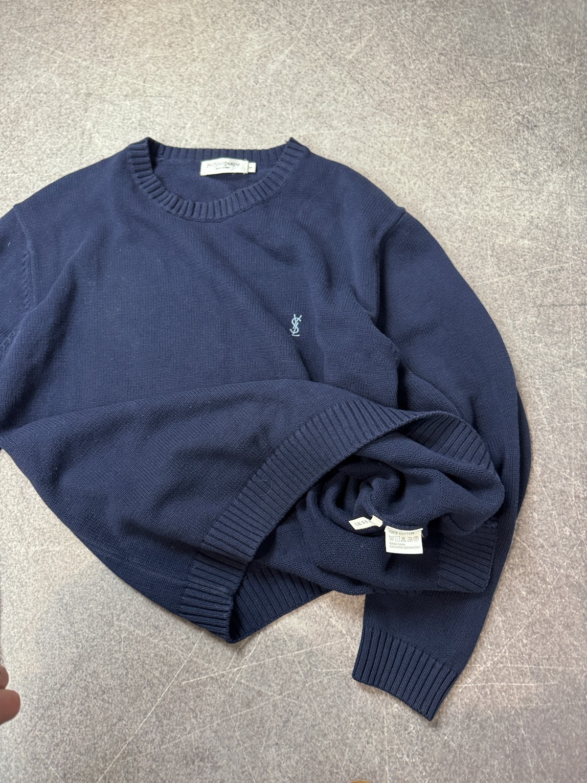 VINTAGE 90s YVES SAINT LAURENT YSL HANDLE KNIT SWEATER MENS OVERSIZED NAVY Sz M