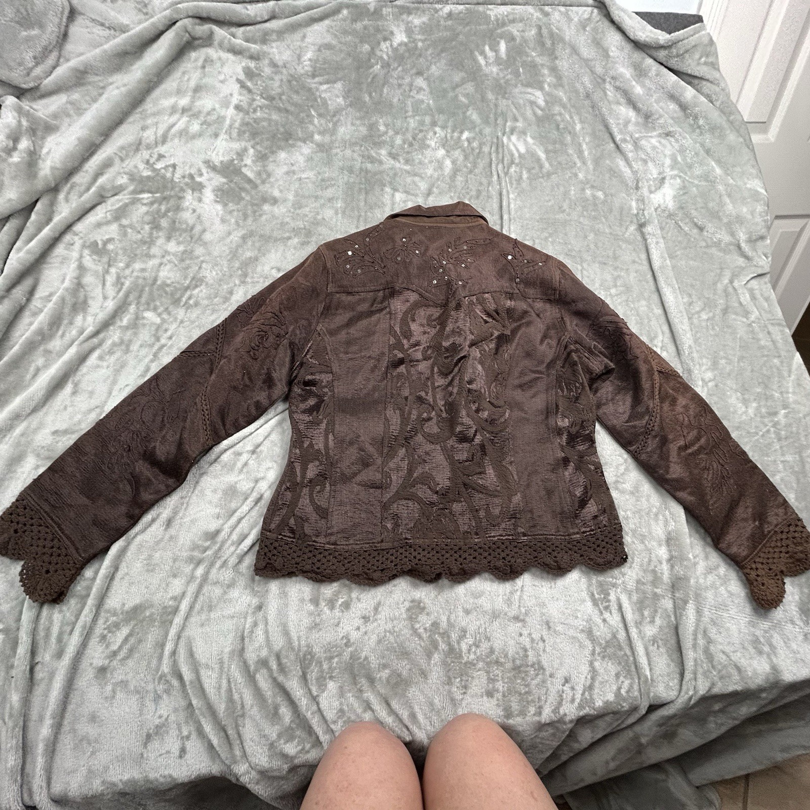 Flashback Couture Women’s Jacket Sz M Brown Embroidered Sequin Crochet Hem Boho