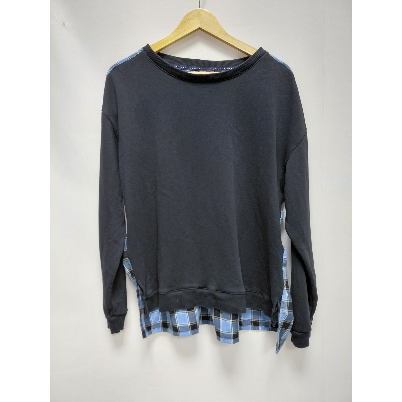 Pilcro Anthropologie Mixed Fabric Plaid Back Sweatshirt Blue Black Size XL