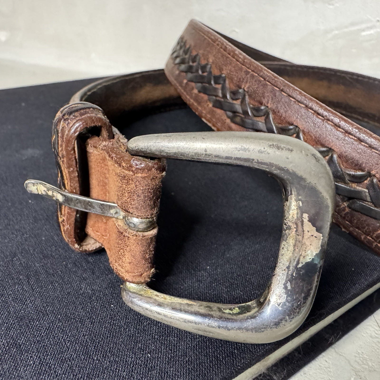 Vtg Cole Haan Braided Leather Belt Men’s 46 Made in USA Brown Woven Brass 1”