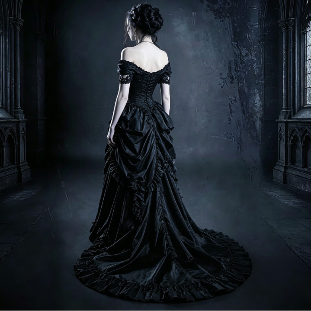 Black Goth Victorian Bustle Prom Gown Gothic stain Victorian Evening Dress