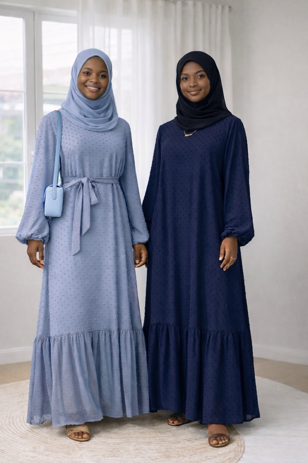 Polka dot elegant chiffon Abaya with matching belt