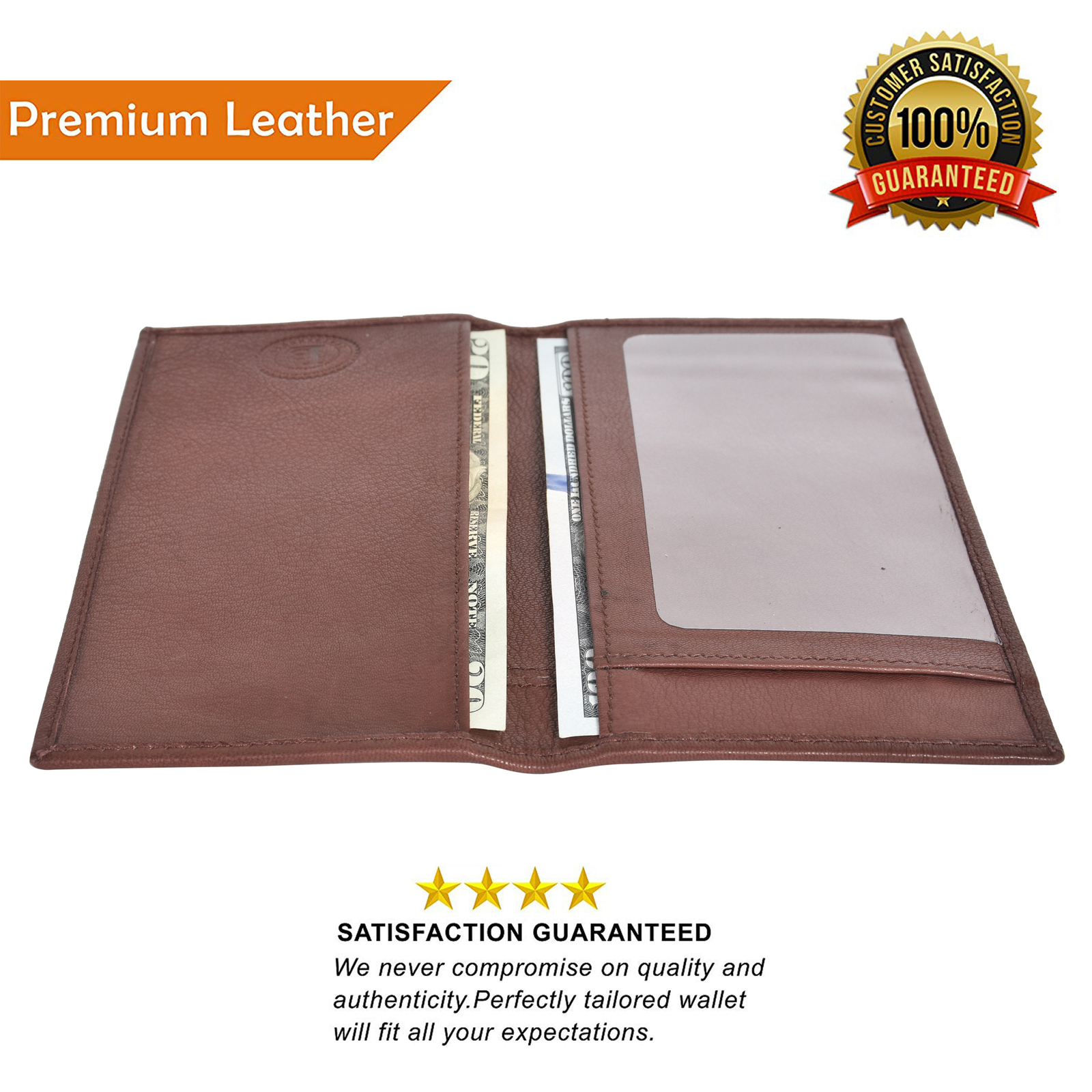 Leatherboss Genuine Leather PLAIN Checkbook Cover with ID Slot, Dark Brown