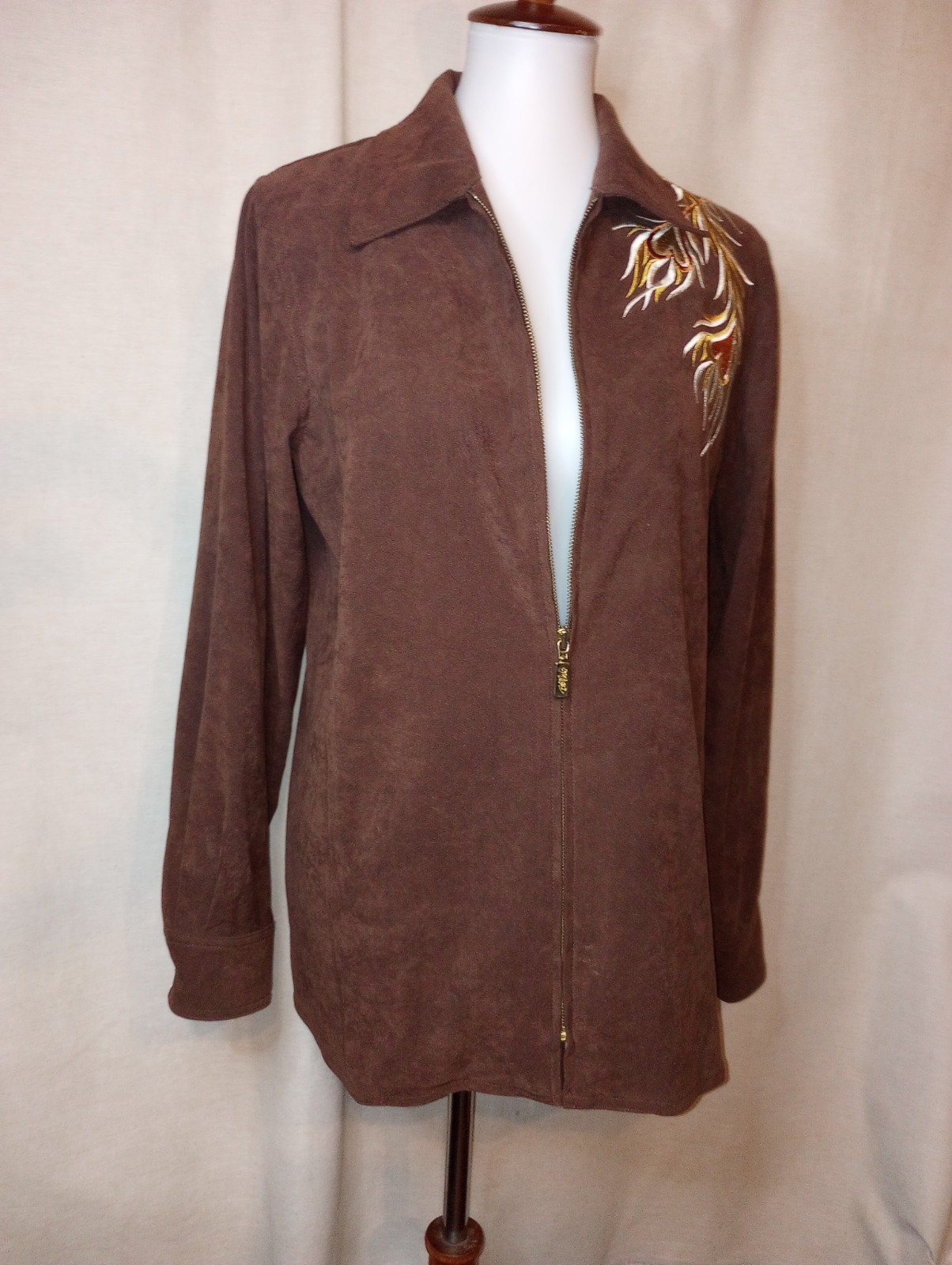Bob Mackie Vtg Phoenix Wearable Art embroider zip jacket brown faux suede Small