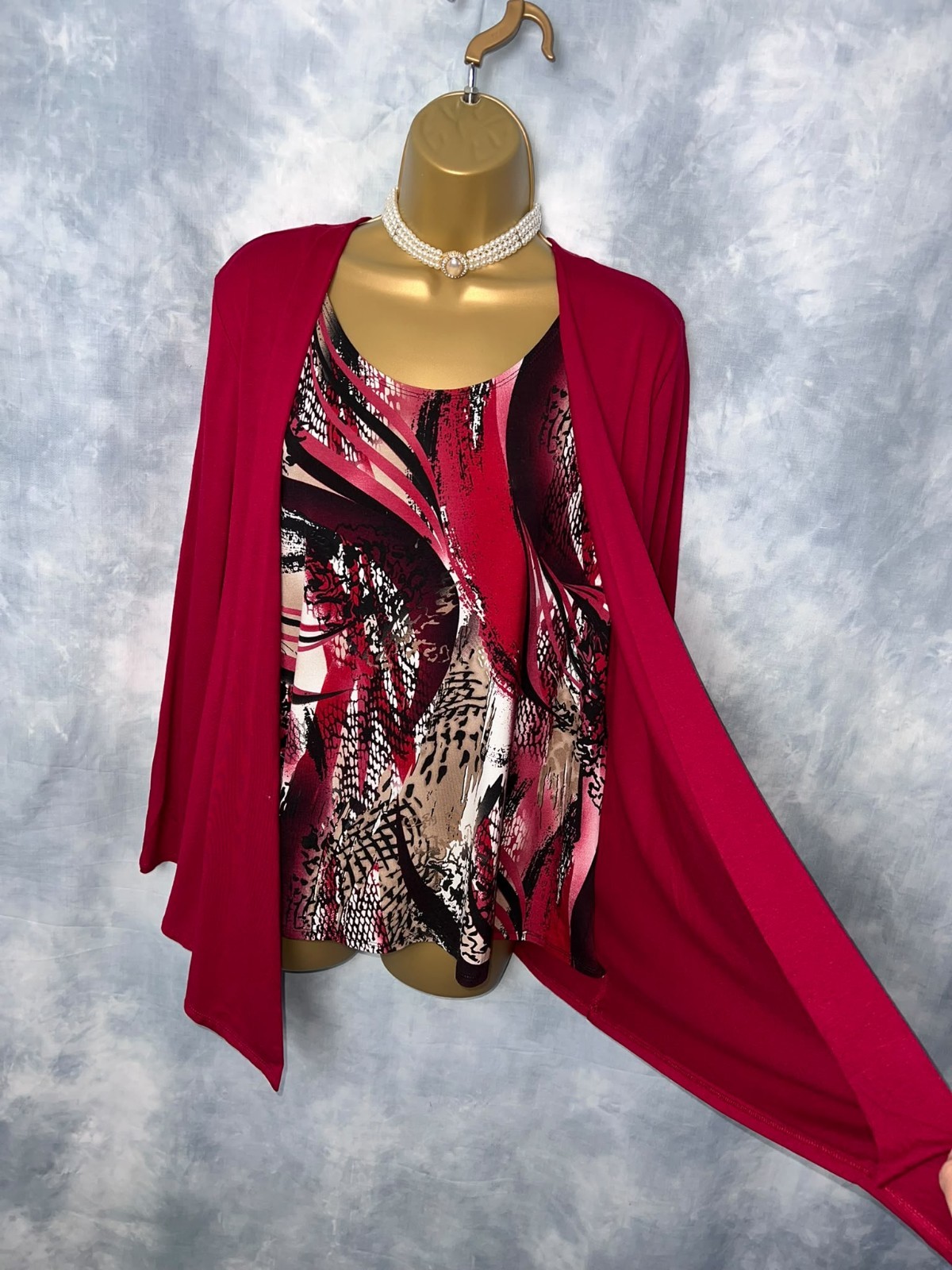SALOOS Wine Red 2-in-1 Layered Top Size 16 Print Stretchy Elegant Classy Office