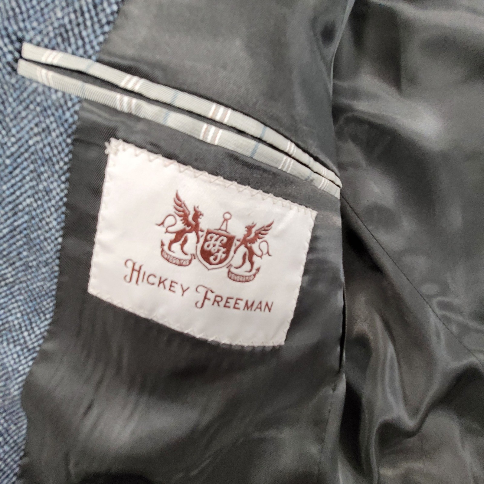 Hickey Freeman Milburn Mens 38R Blazer Blue Grey Herringbone Worsted Wool Jacket