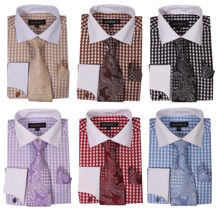 French cuff Checks Dress Shirt with cuff links and Matching tie&handkerchief 615