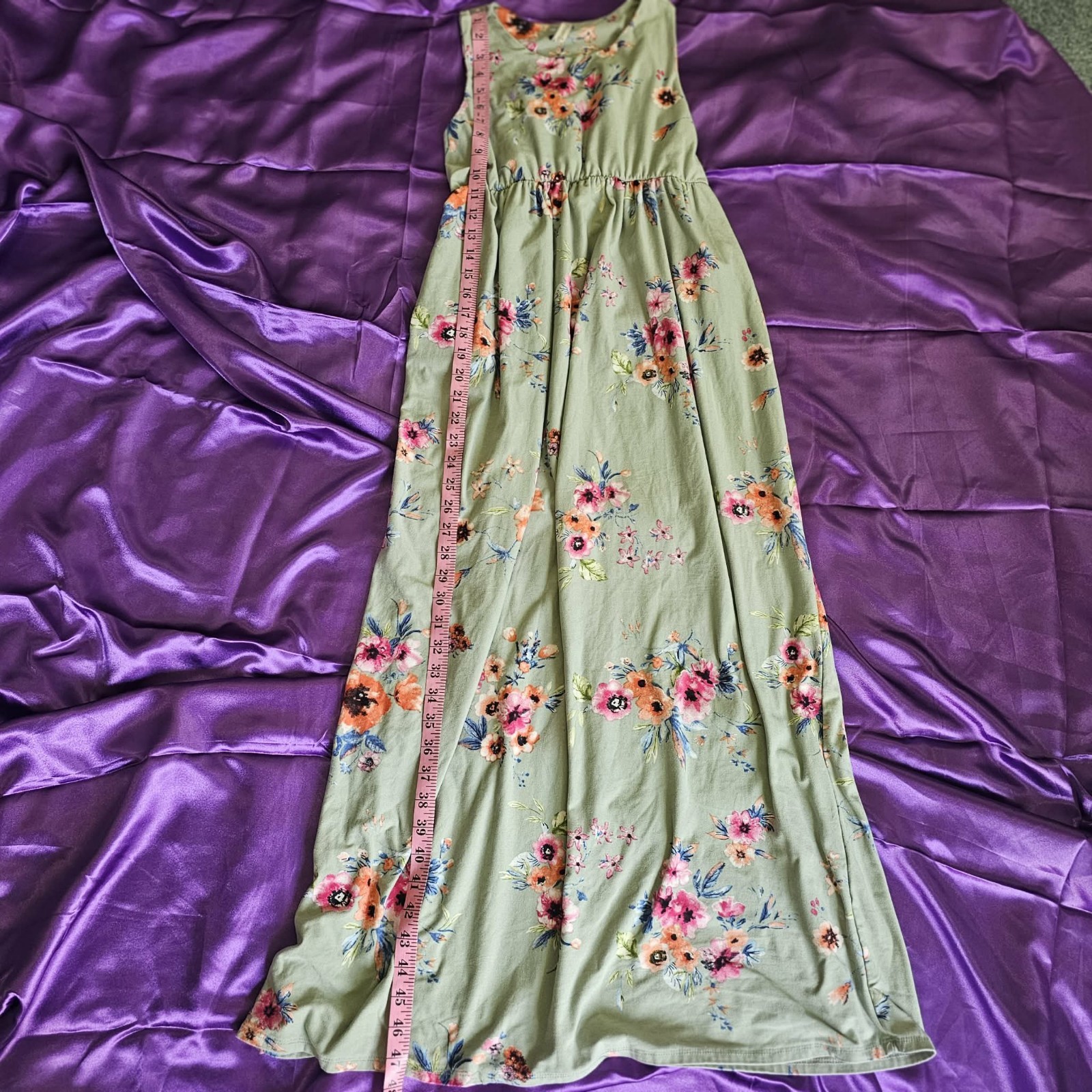 Green Floral Jersey Maxi Dress S Round Neck Sleeveless Elastic Waist Pockets