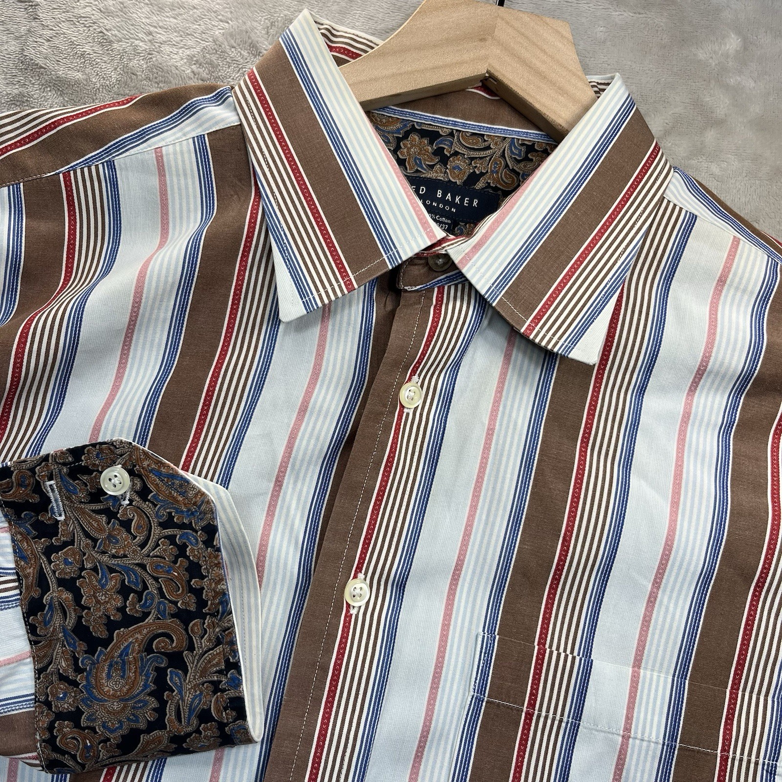 TED BAKER Shirt Mens 17 36-37 Dress Striped Flip Cuff Paisley Cotton Brown