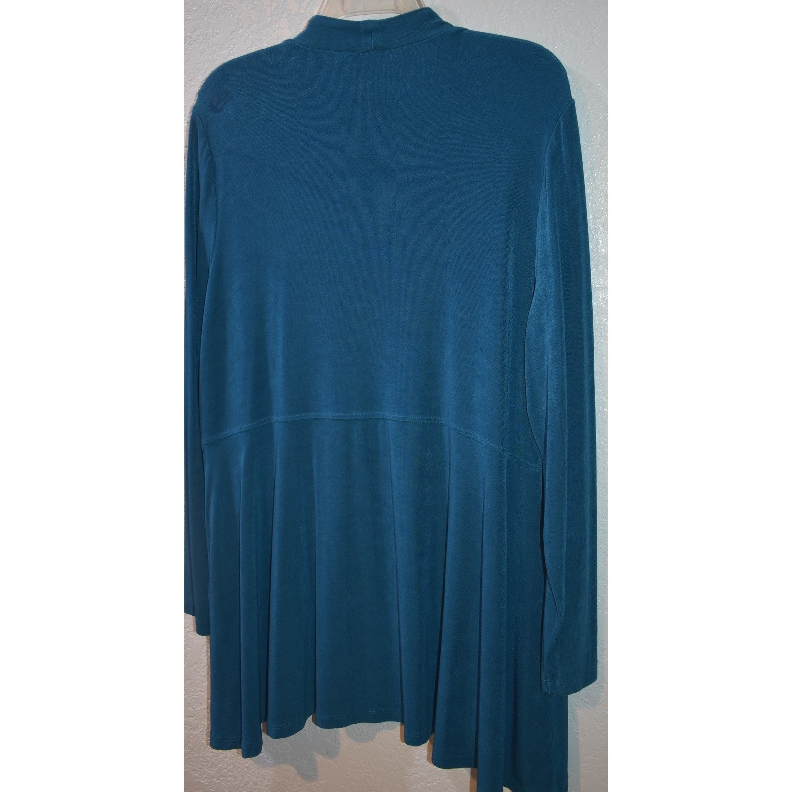 Chicos Travelers Teal Blue Open Front Slinky Knit Cardigan Jacket Size 3 XL