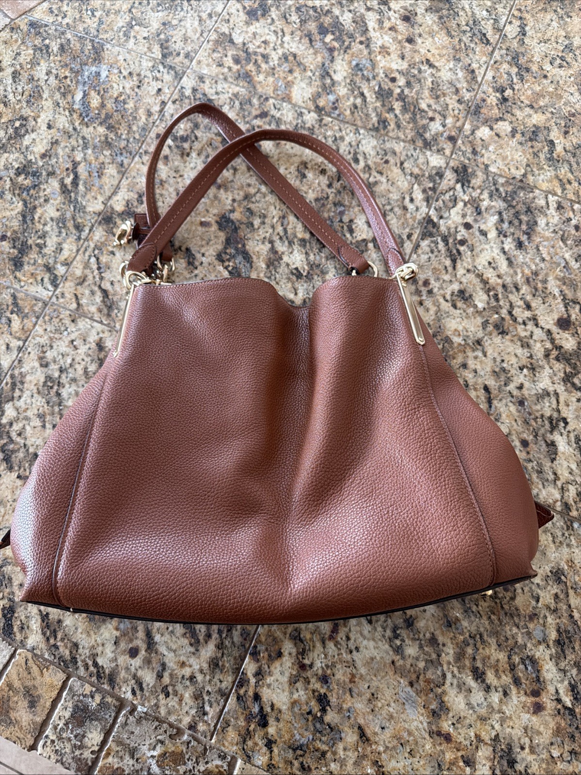 Genuine Leather Coach Polished Pebble Dalton 31 Saddle/Gold Accents Shoulder Bag
