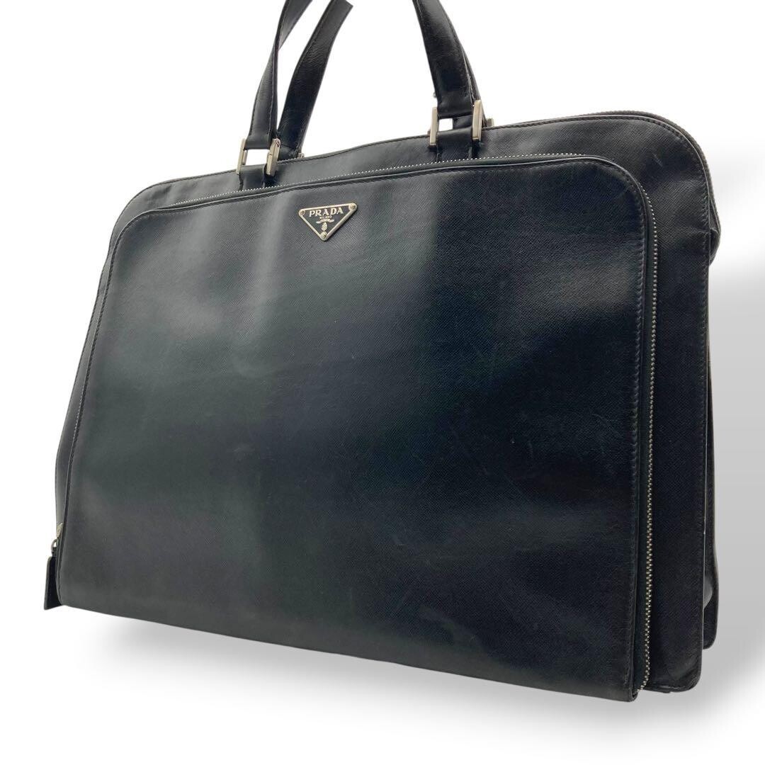 Prada Saffiano Leather Black Briefcase Business Bag Triangle Logo Auth