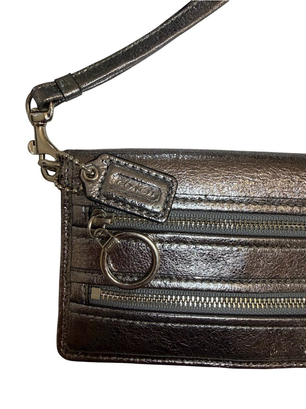 Coach Poppy Metallic Silver Leather Wristlet Clutch
