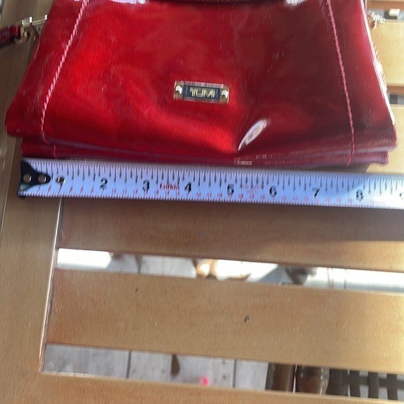 TUMI Red Metallic Crossgrain Zip Top Wristlet Clutch Bag Gold Hardware
