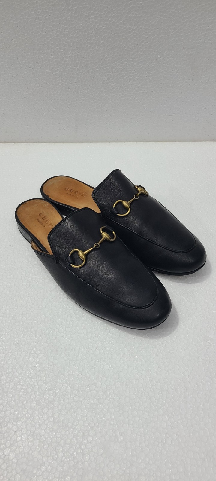 GUCCI Black Leather Princetown Mules Slides Gold Horsebit Size EU 35 US 4.5