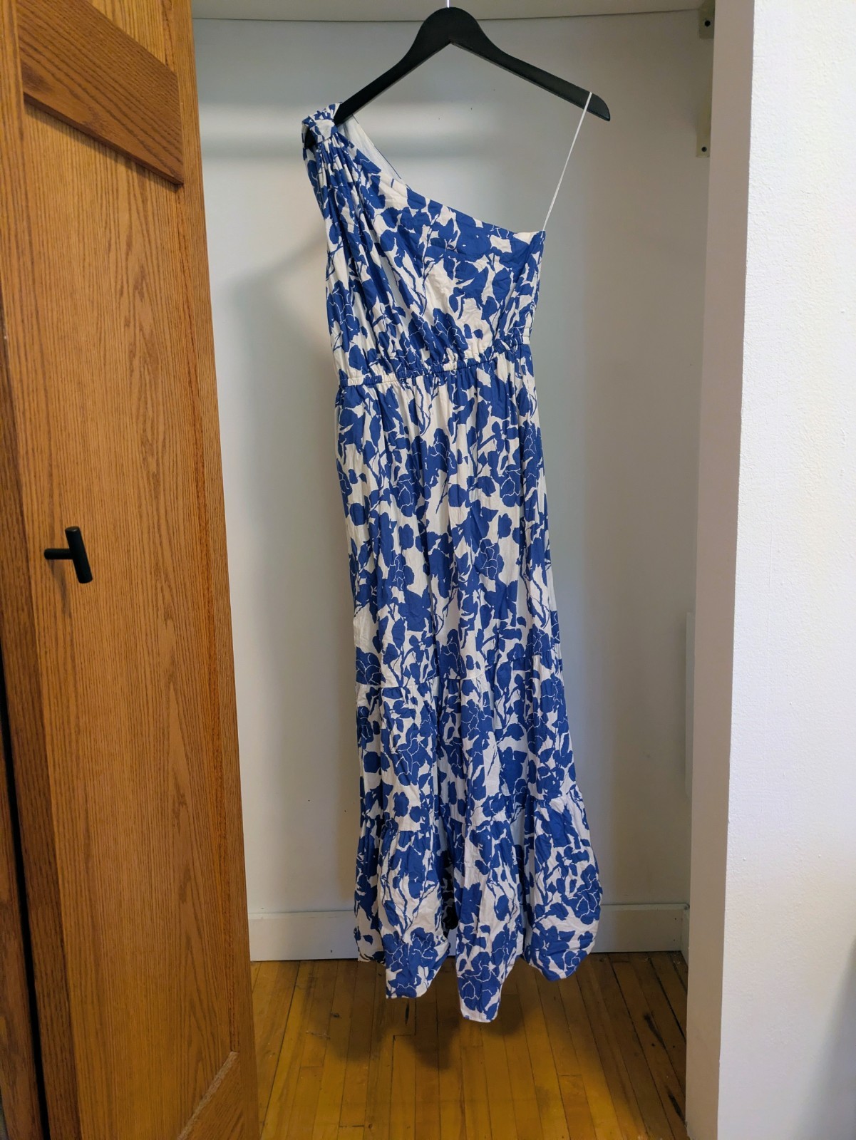 Hyacinth House Blue White Floral One Shoulder Maxi Dress Ruffle Lined Cotton S