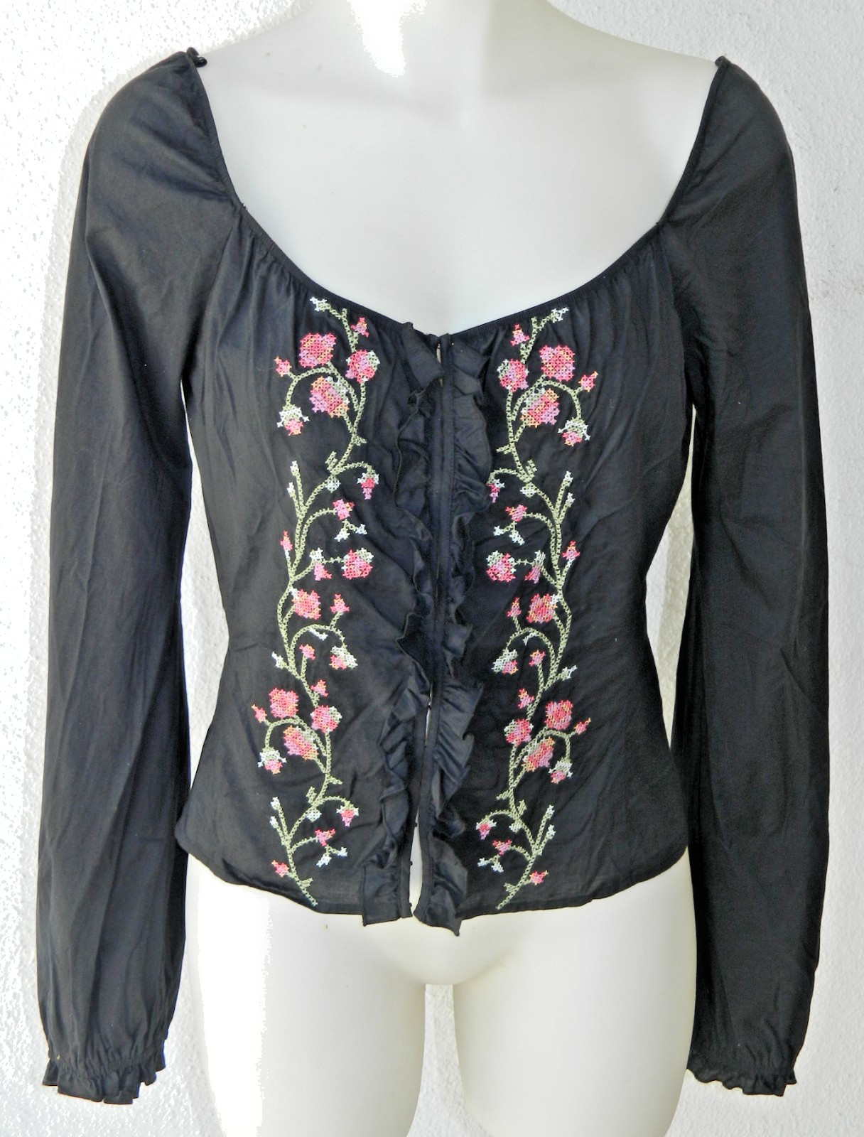 Hippie LAUNDRY by Shelli Segal Black Embroidered Peasant Style Top Size 6 BO-HO