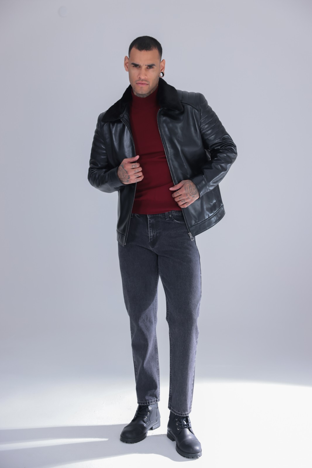 Men’s Genuine Leather Jacket Black Fur Collar Zip Moto Biker Coat 26″ – 65cm