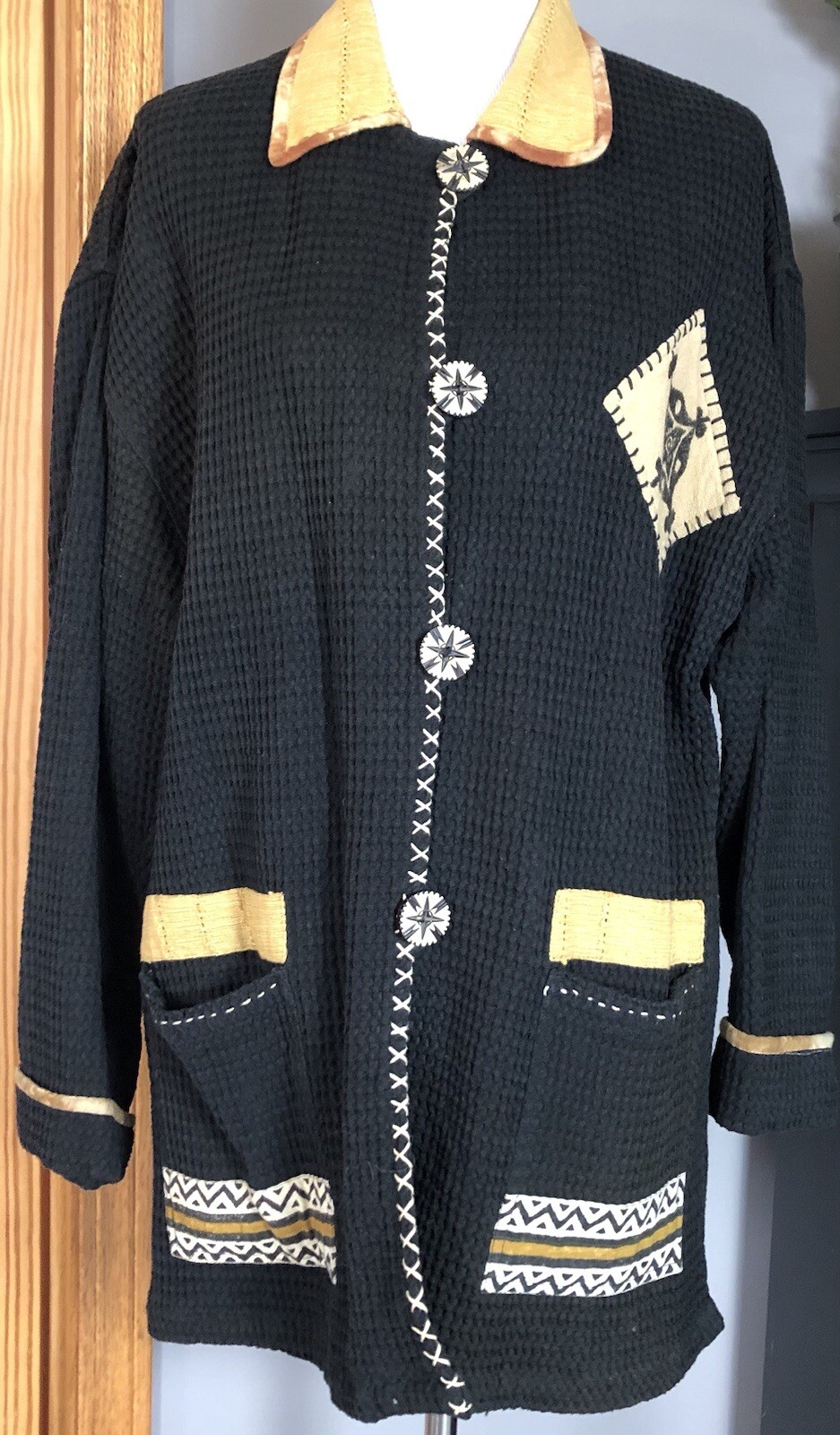 Vtg Waffle Knit Cardigan Jacket Women’s L Black Button Up Pockets Tribal Goth