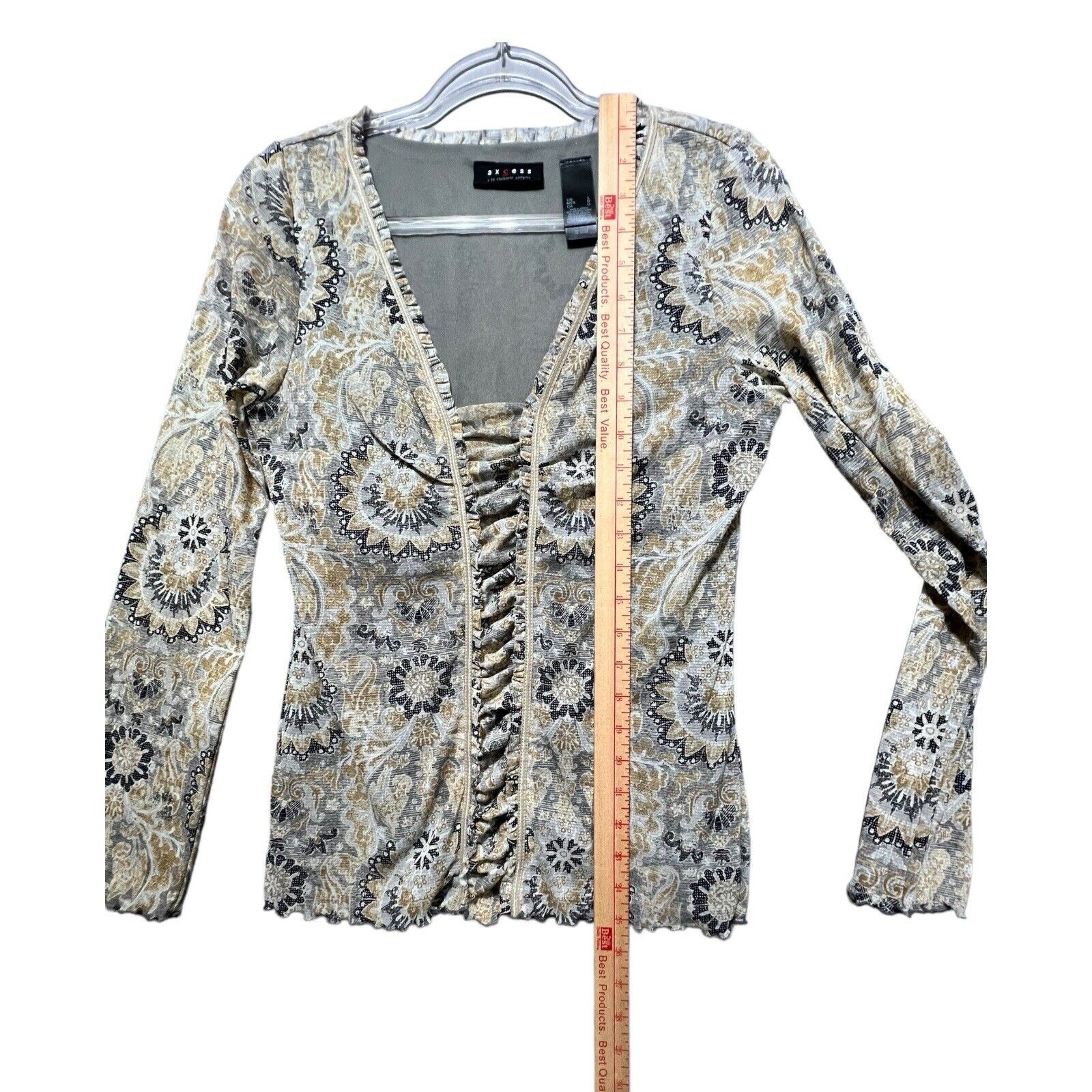 VTG Y2K Axcess Mesh Nylon Ruffle Edge V Neck Long Sleeve Boho Mandala Top Rouged
