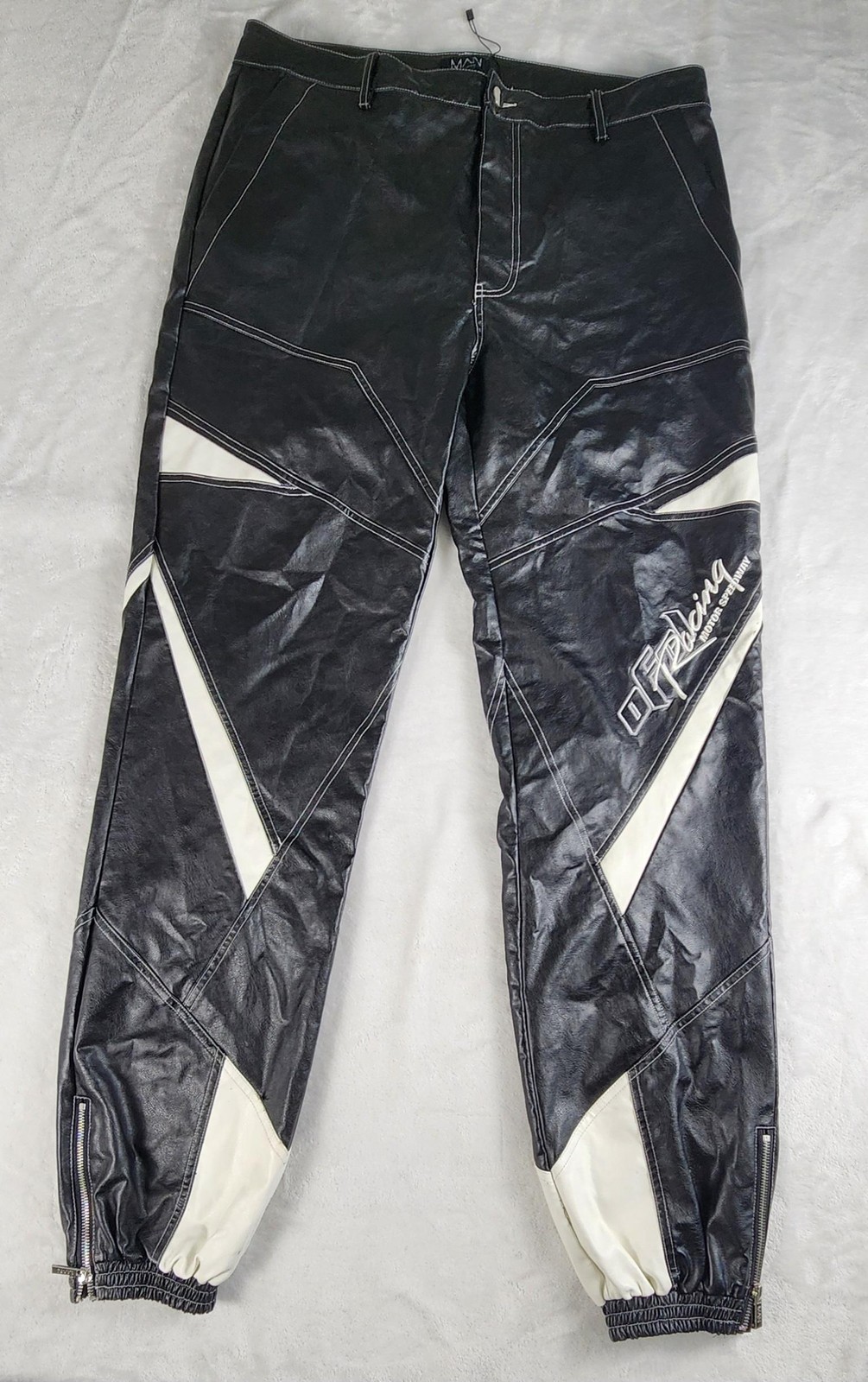 BoohooMAN Pants Mens 36×33 Black Faux Leather Moto Jogger Off Racing Colorblock