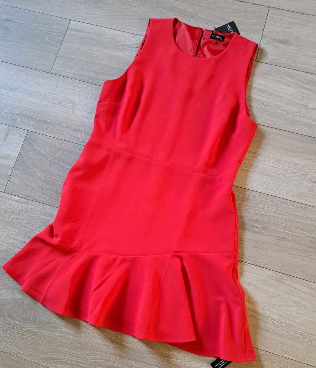 Dusk By Roman Red Stretch Sleeveless Peplum Hem Dress Smart Occasion Office UK16