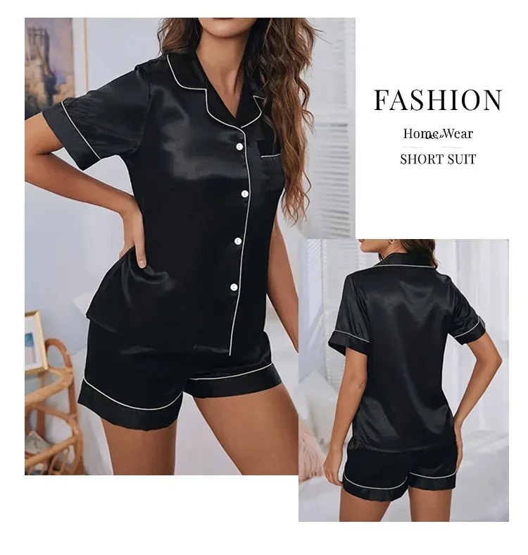 Womens Silk Satin Pajama Set 2 Piece Button Down Top Shorts Sleepwear Loungewear