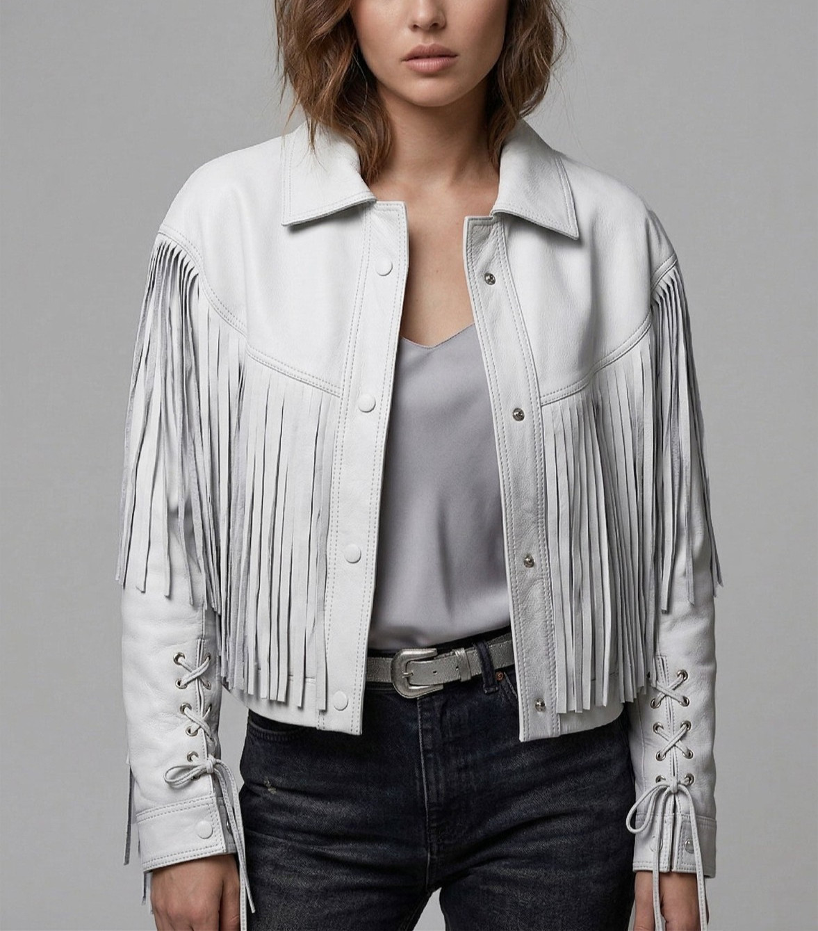Women White Real Leather Jacket Western Fringe Tassel Boho Cowgirl Festival Coat