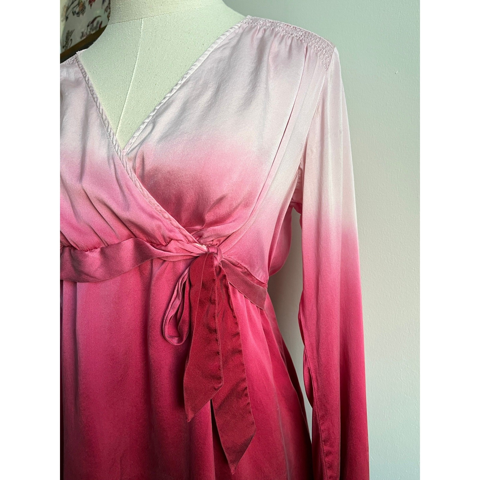 Vintage 90s Silk Wrap Top | Red Pink Ombre Bias Cut Blouse Tie Waist | M/L