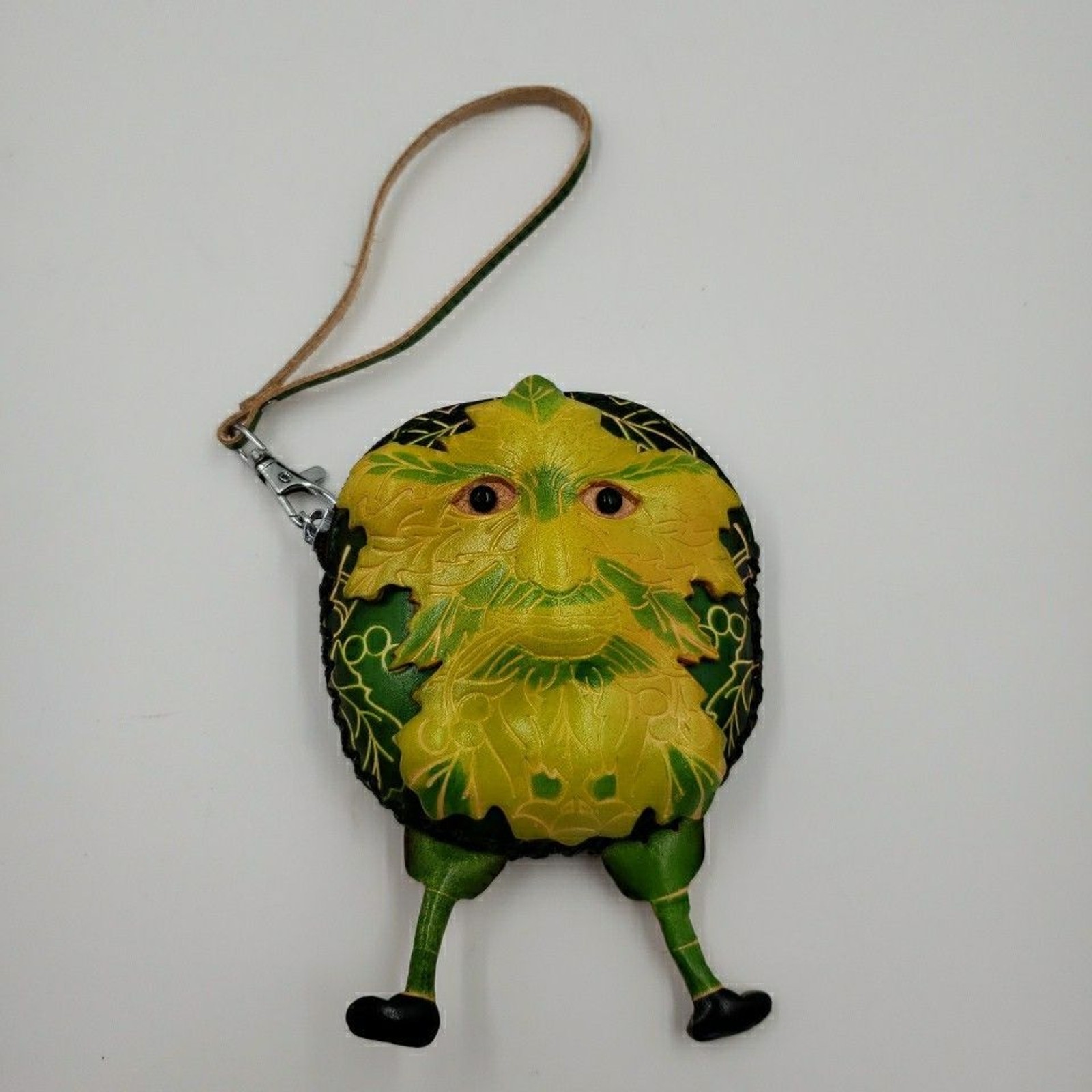 Green Man Coin Purse Woodland Fairy Wristlet Handmade Leather Gift Card Holder