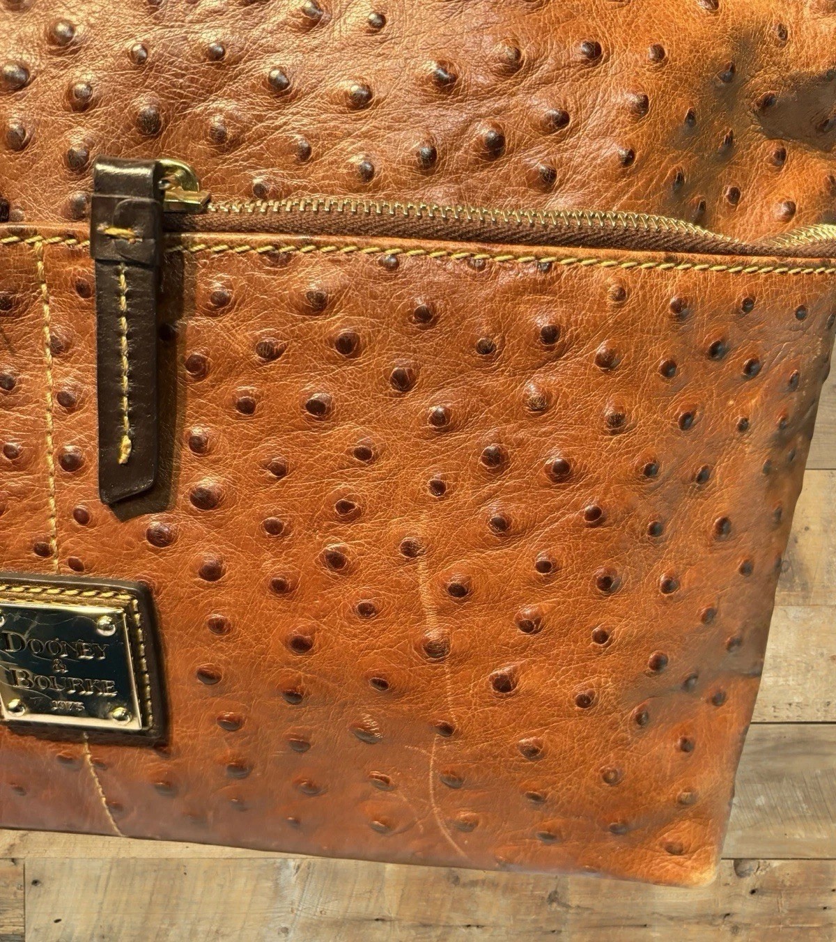 Dooney Bourke Chestnut Brown Ostrich Embossed Leather Front Pocket Satchel Tote
