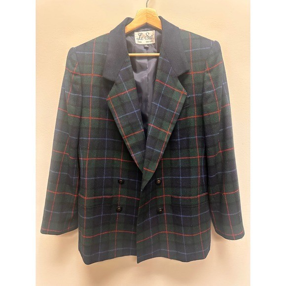 Le Suit Plaid Blazer Double Breasted Womens Size 12 Wool Acrylic Blend Business
