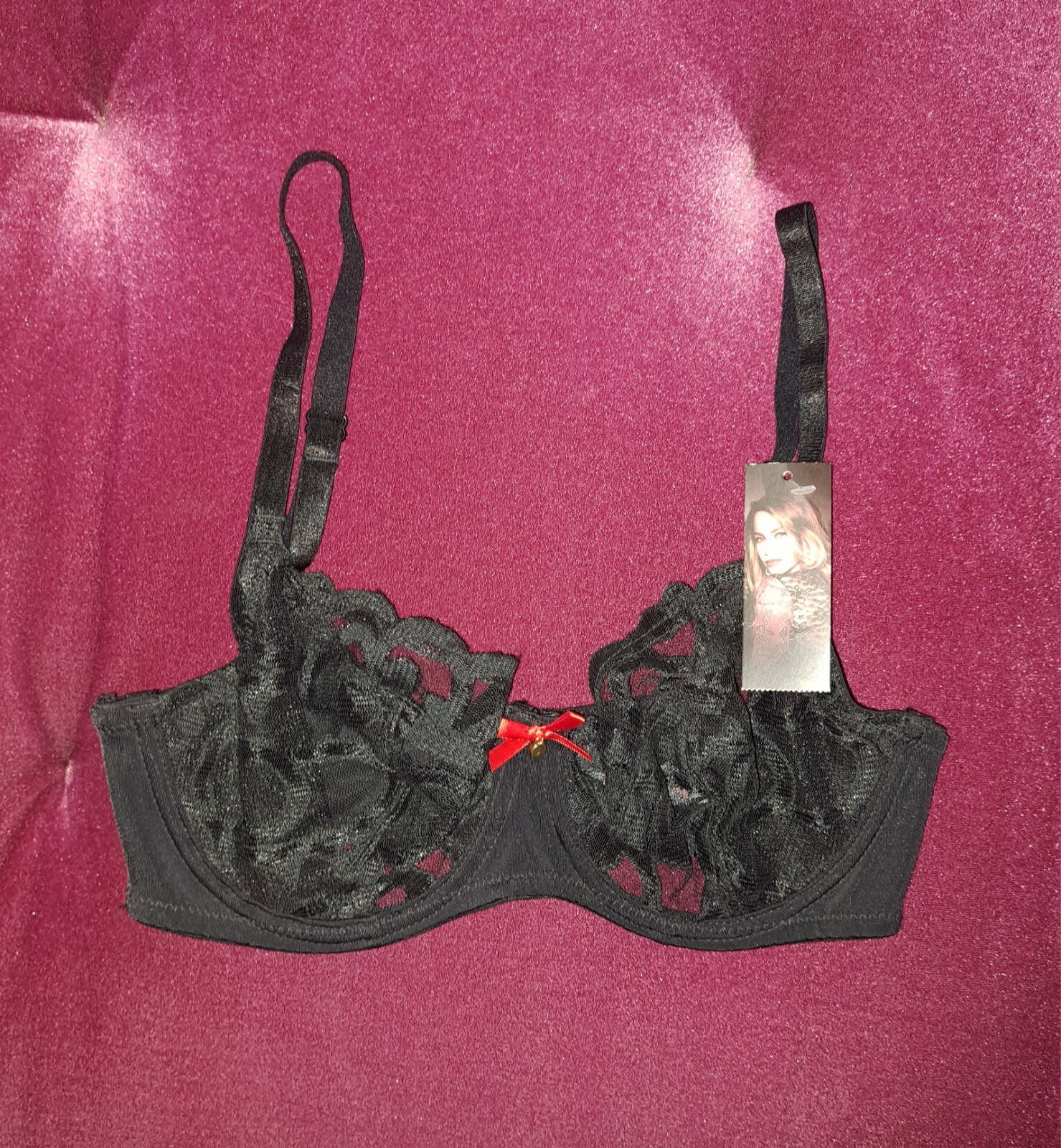 NWT Sophia Vergara Black Lace Bra 34C Sheer Underwired Red Bow Jewel