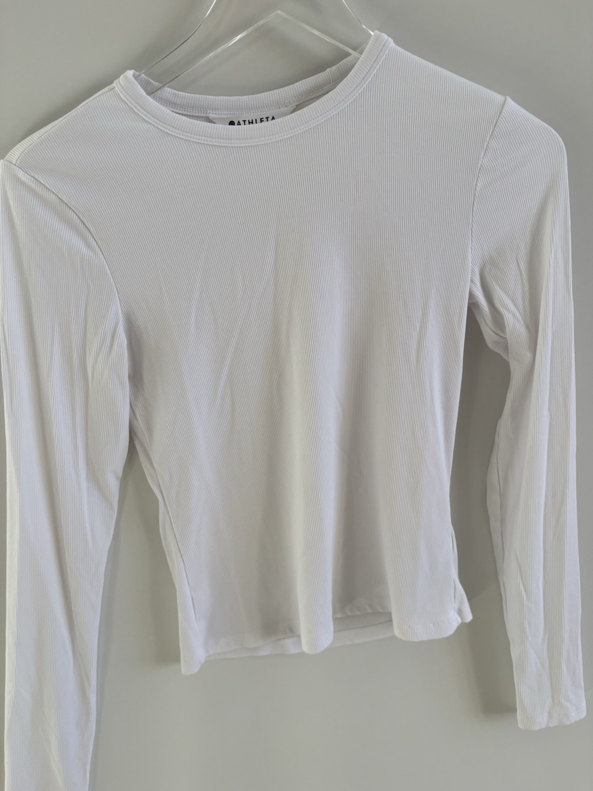 Athleta Signature Ribbed Crew Long Sleeve Top Size XS White Stretch Casual Basic