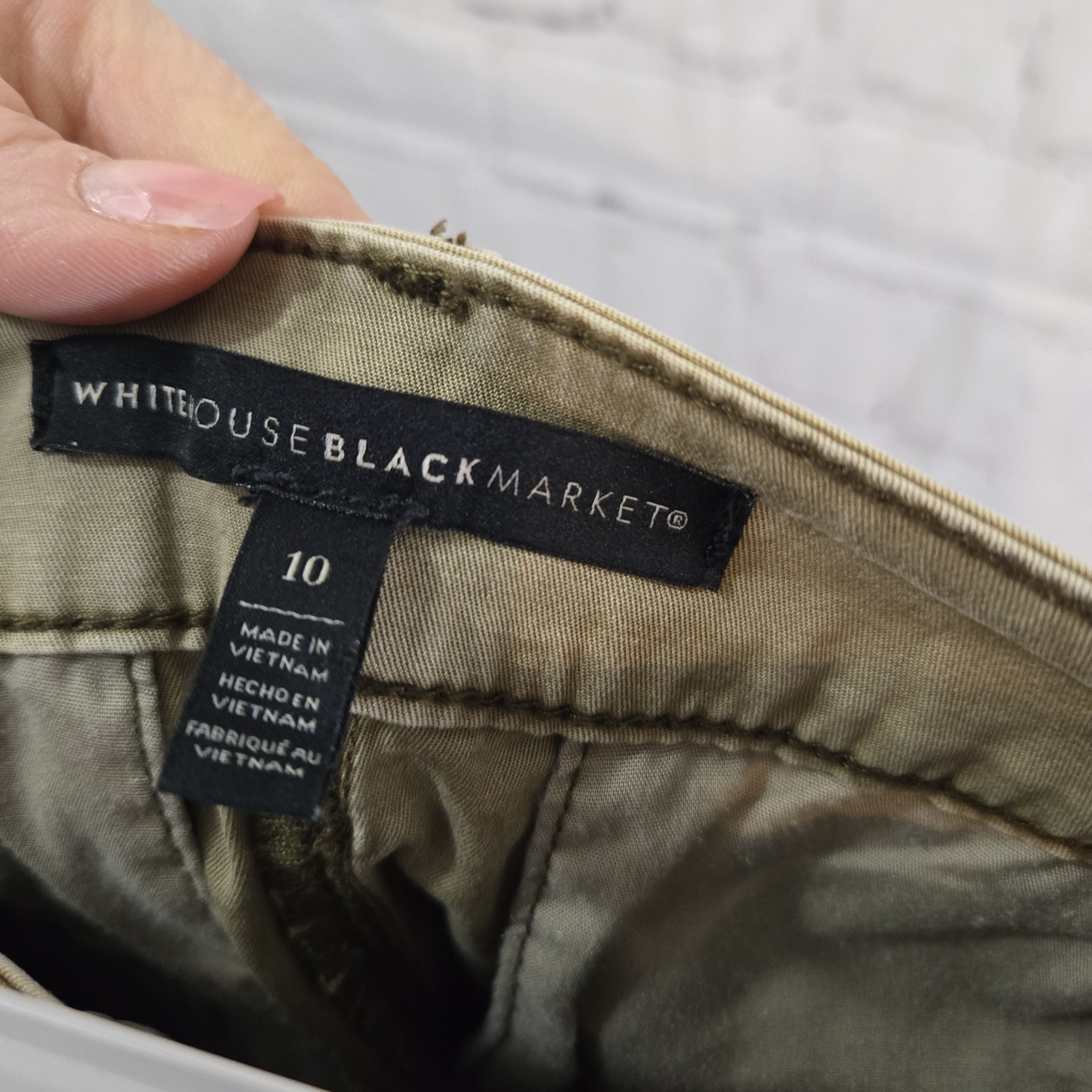 White House Black Market Mini Skirt 10 Green Khaki Button Up Utility Military