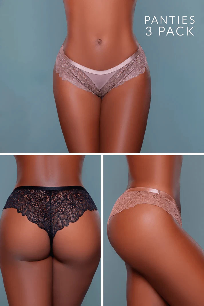 Lace Cheeky Panties Womens X-Large 3 Pack Low Rise Trim Black Brown Bronze 2212