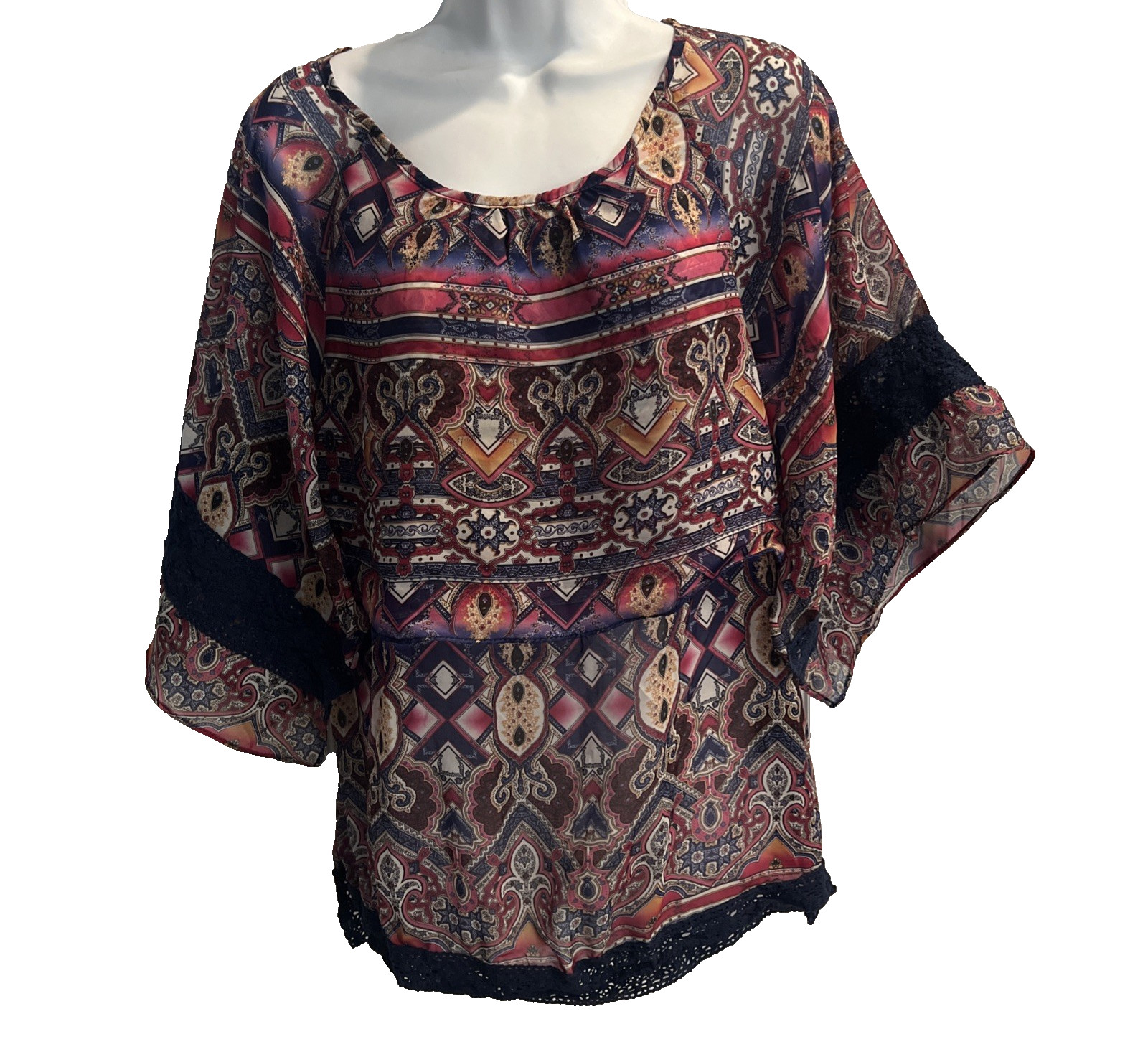 James Bryan Boho Paisley Print Kimono Top Size S Split Sleeve Blouse Lace Trim