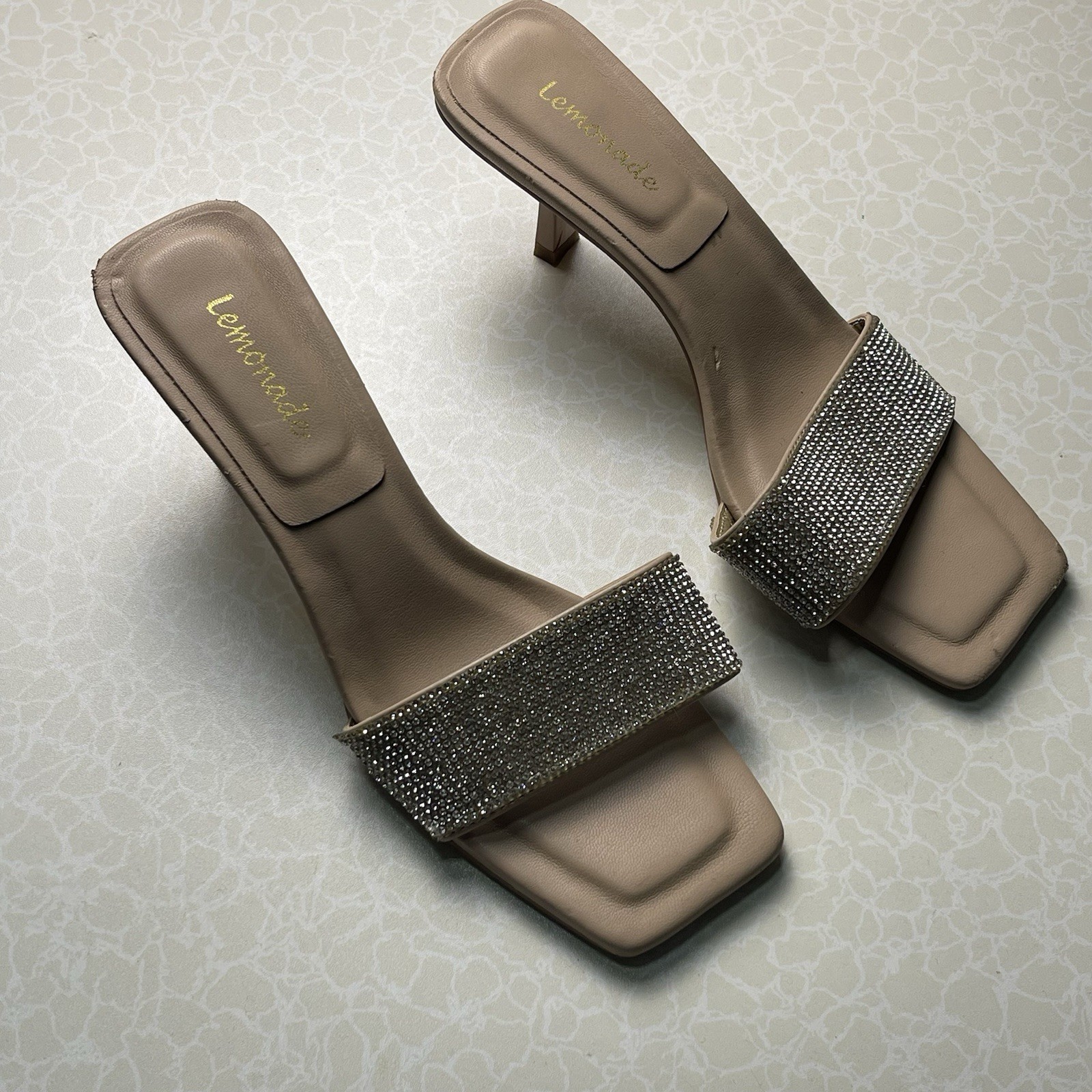 Lemonade Women’s Beige Rhinestone Strappy Slide Sandals Slip On US 7