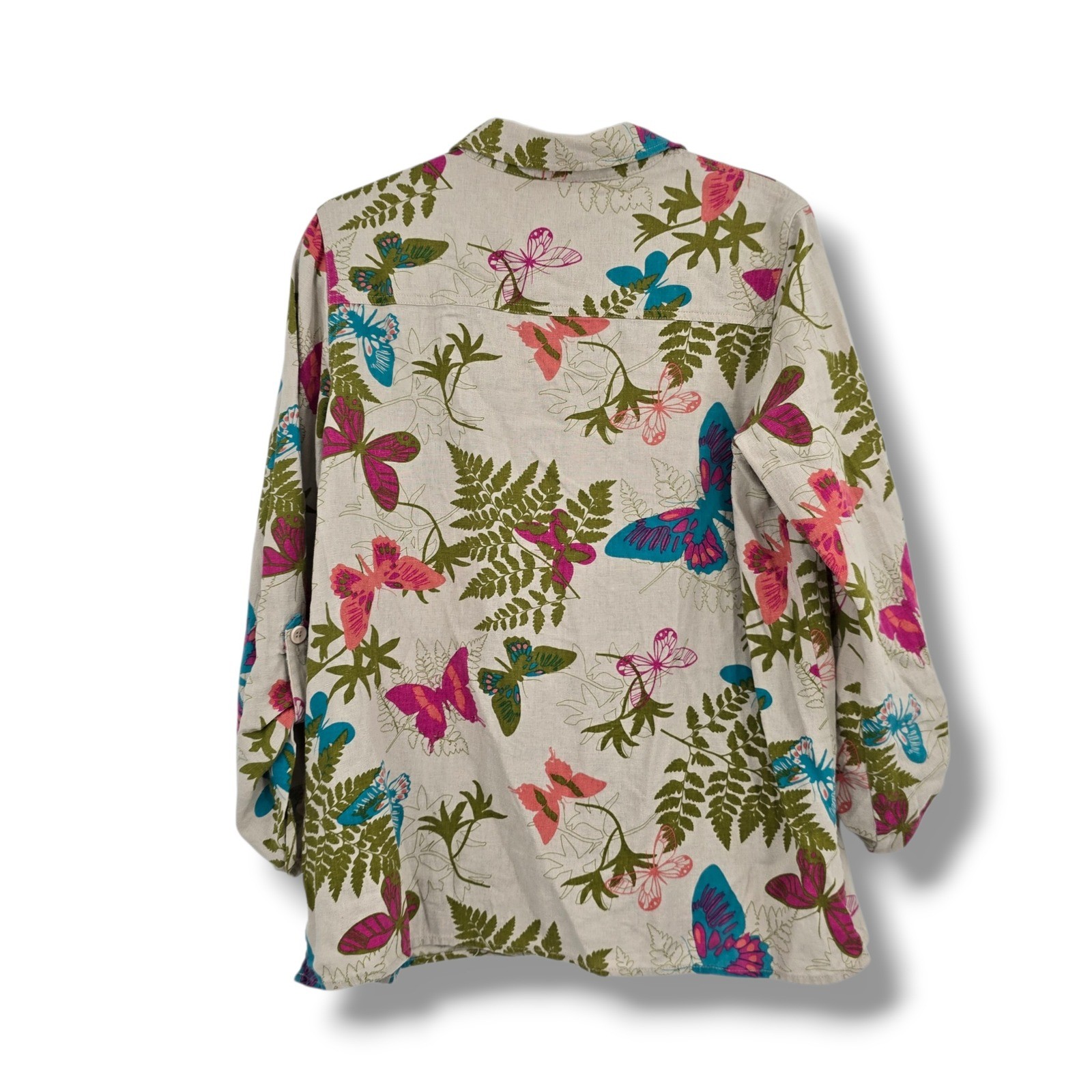 Bedford Fair Womens Medium Linen Blend Butterfly Fern Print Button Front Shirt