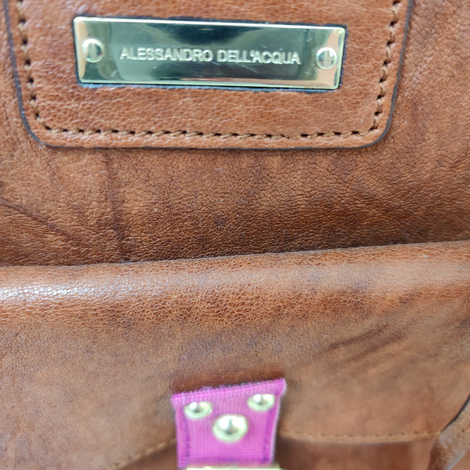 Alessandro Dell Acqua Leather Satchel in Cognac with Fuchsia Trim