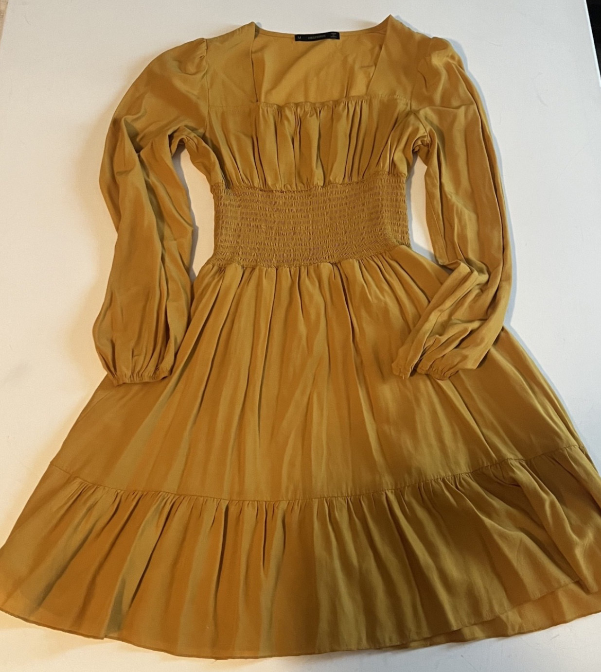 Hesperus Womens Square Neck Mustard Yellow Dress Long Sleeve Ruched Waist Med