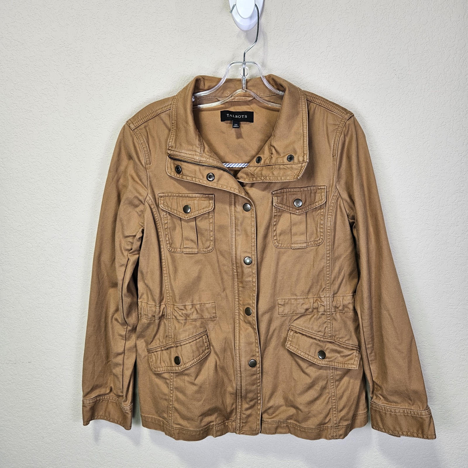 Talbots Safari Jacket Womans XS Camel Brown Twill Cotton Stretch Utility Outdoor