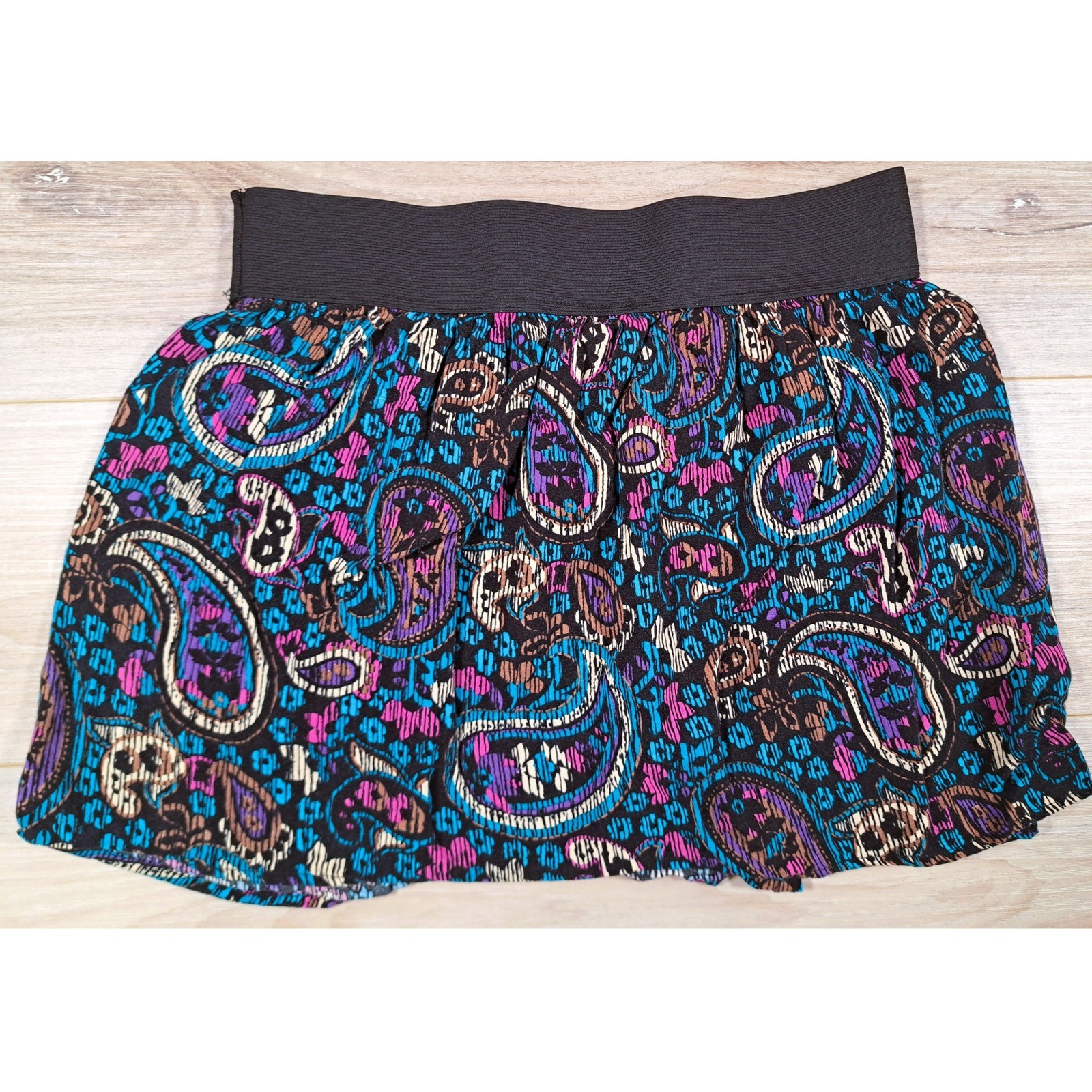 Bongo Y2K Paisley Print Mini Skirt Blue Purple Black Elastic Waist Rayon Large