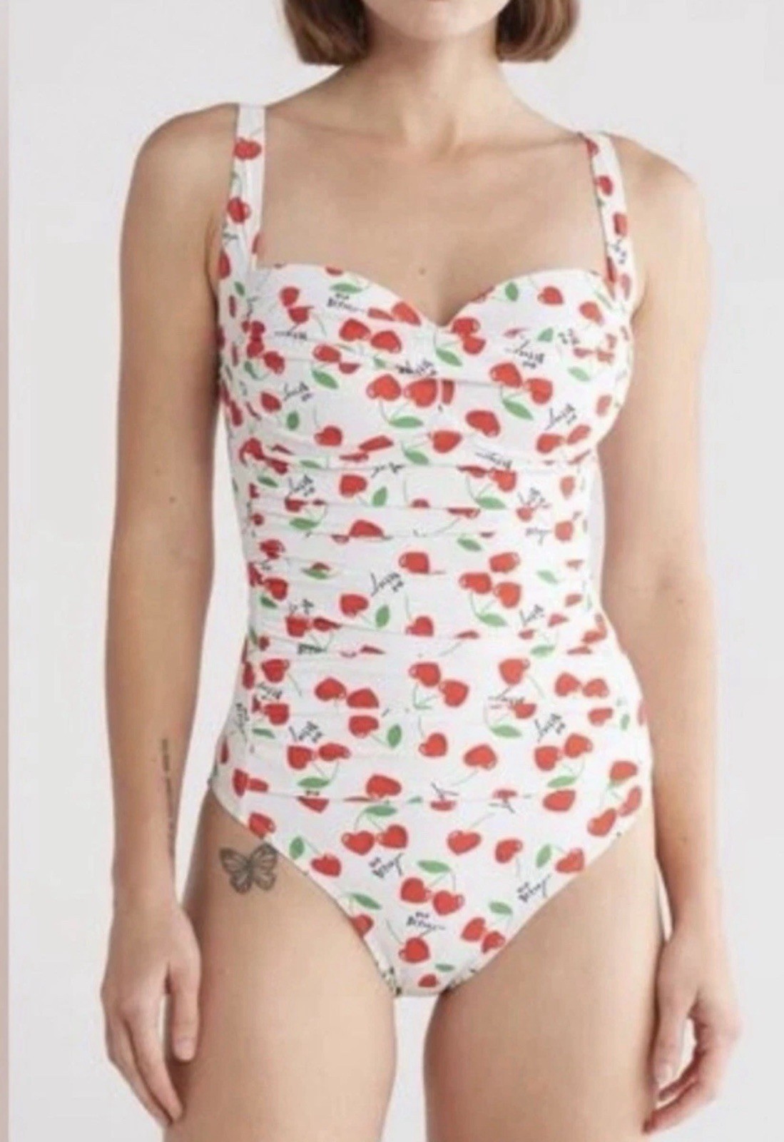 BETSEY Johnson one piece BANDEAU SWIMSUIT XO BETSEY CHERRY BOMB PRINT Size M