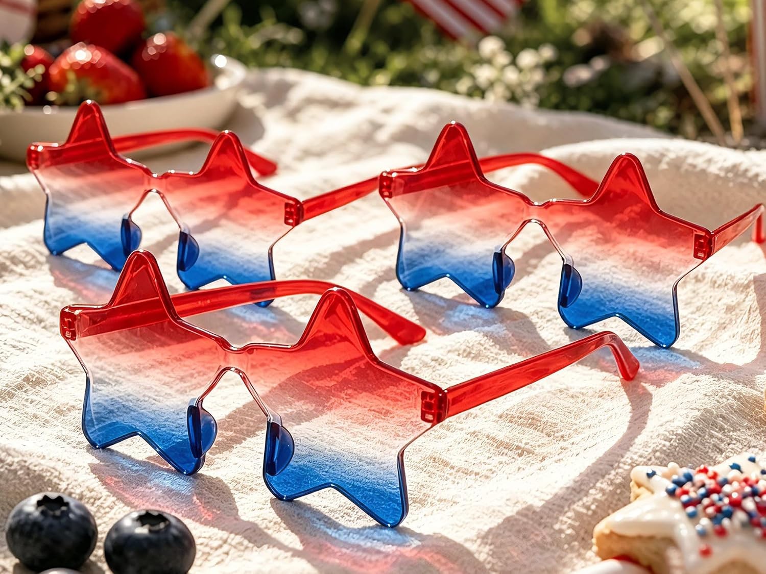 4th of July Red White Blue Star Rimless Sunglasses 3 PCS for Women Men