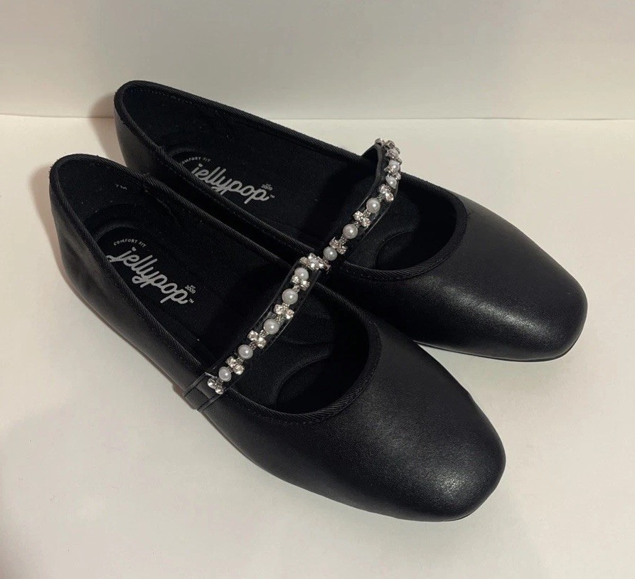 Jellypop Comfort Fit Black Ballet Flats Women’s 7 Pearl Rhinestone Dress Shoes