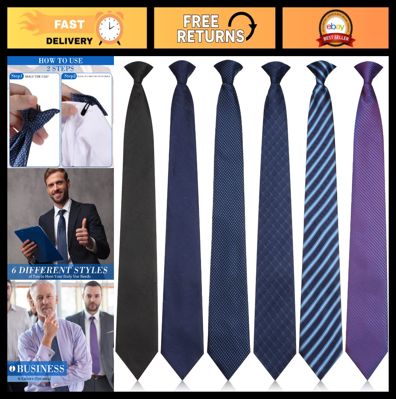 6 Pcs Clip-On Ties for Men – Striped, Solid, Plaid & Dots – 20 Inch Neckties for